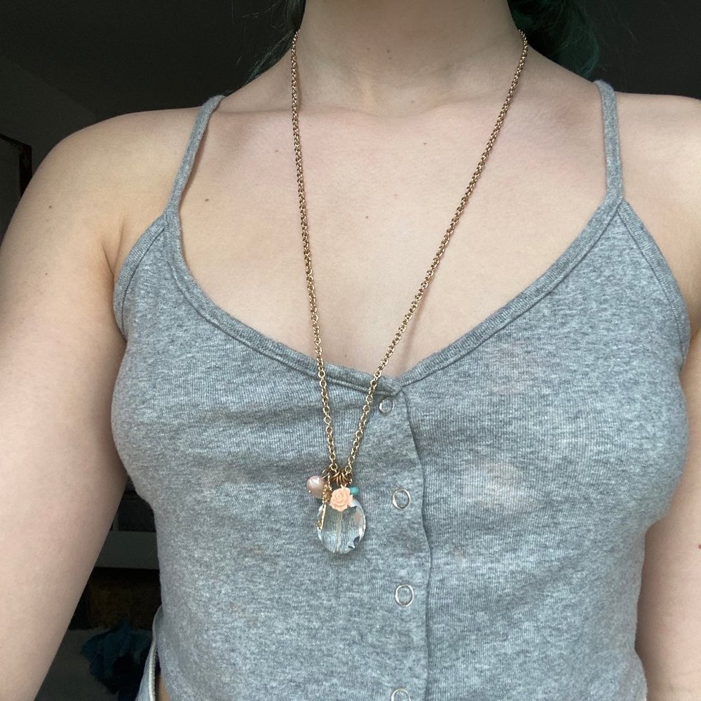 Long Gold Ditsy Jeweled Necklace
